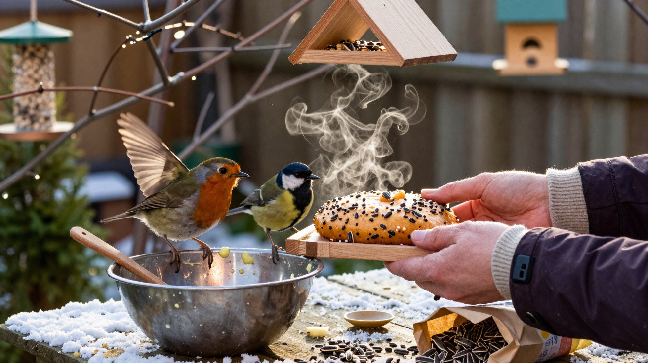 Dois pássaros junto a uma tigela metálica, com mãos a segurar pão quente cheio de sementes num jardim com neve.