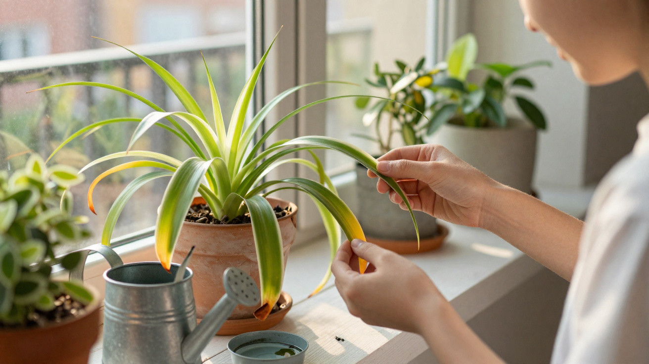 Pessoa a cuidar de plantas domésticas num peitoril de janela com regador metálico ao lado.