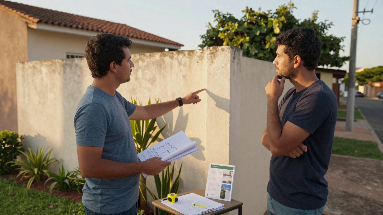 Dois homens a discutir planos de construção junto a uma parede exterior numa zona residencial.