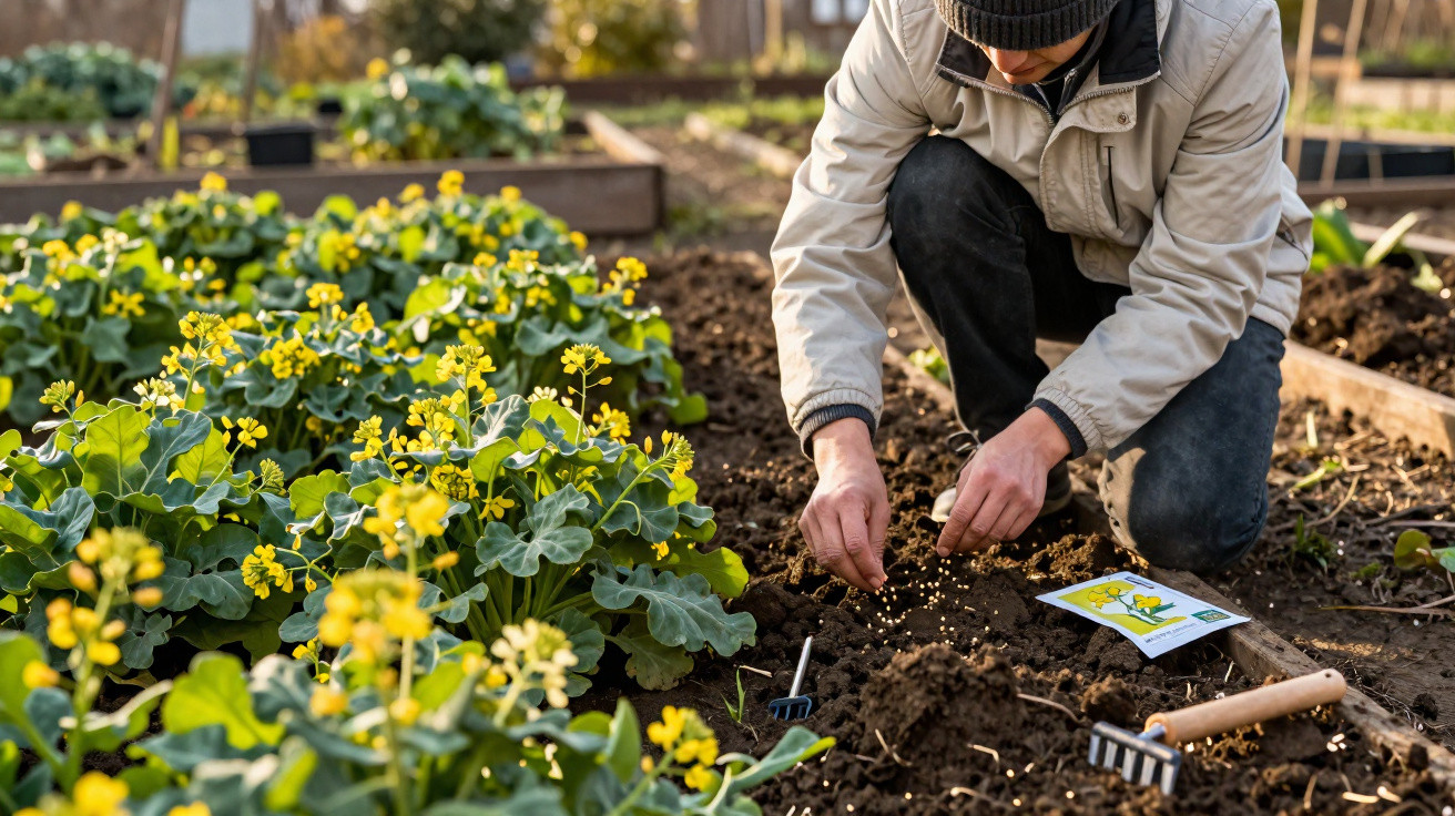 Pessoa a semear sementes em estufa com plantas de flores amarelas e ferramentas de jardinagem.