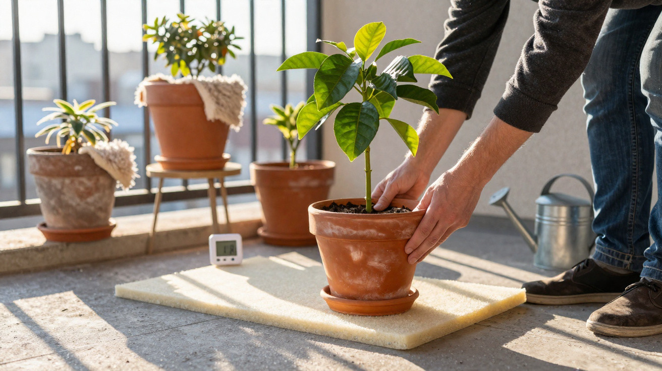 Pessoa a colocar vaso de barro com planta numa varanda soalheira com outros vasos ao fundo.