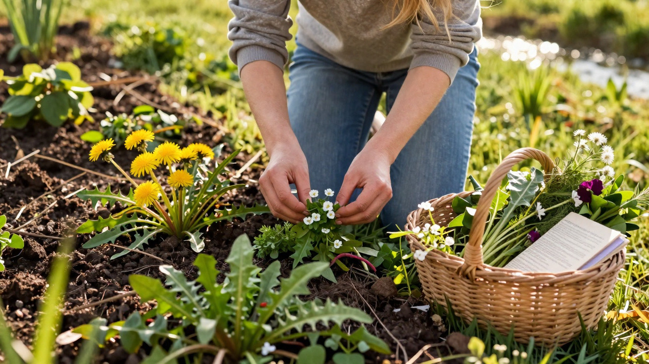 Pessoa a cuidar de flores num jardim com cesto de verga cheio de flores e um livro aberto.