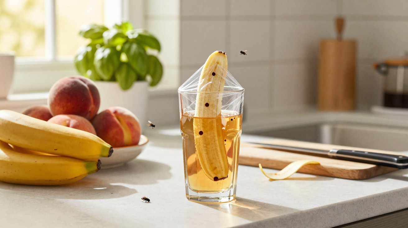 Banana dentro de copo com líquido e plástico a proteger das moscas numa cozinha iluminada.