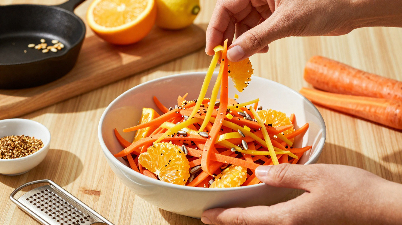 Salada colorida com tiras de cenoura, sementes, gomos de tangerina, duas mãos a mexer numa tigela branca.