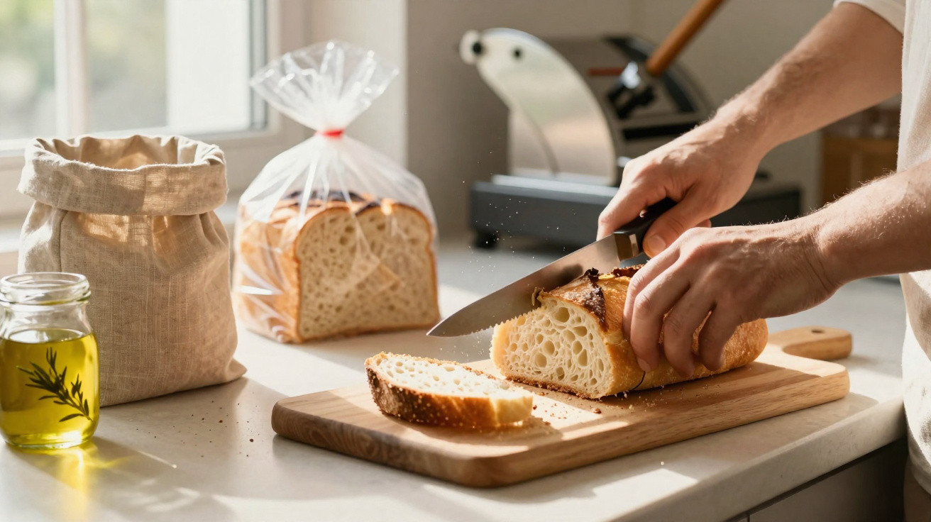 Pessoa a cortar pão fresco num tábua de madeira numa cozinha bem iluminada.