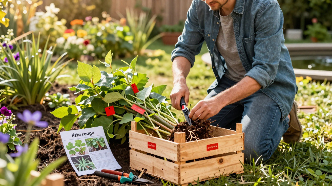 Homem a transplantar plantas jovens para uma caixa de madeira num jardim ensolarado.