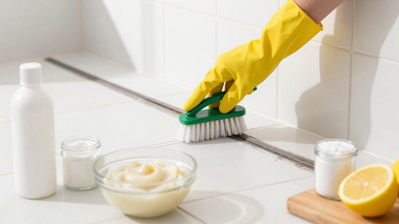 Pessoa com luva amarela a esfregar juntas de azulejos brancos com escova, rodeada de ingredientes naturais para limpeza.