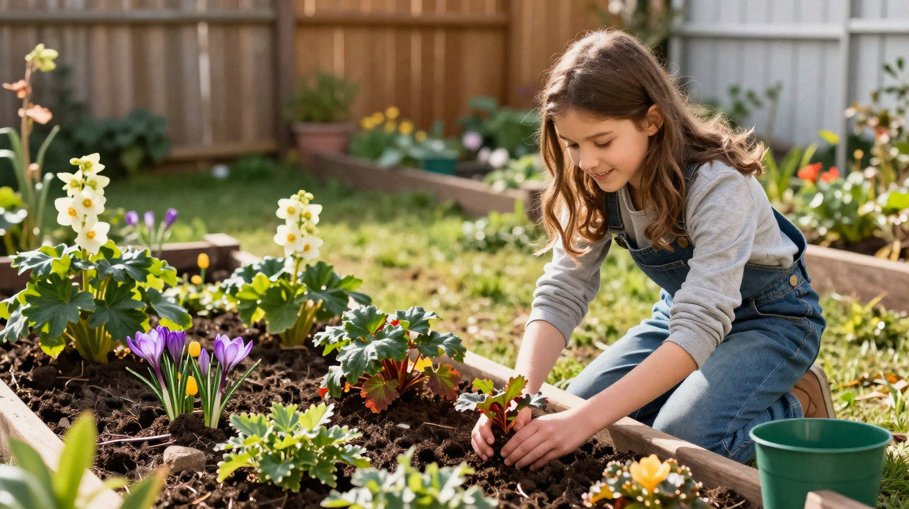 Menina a cuidar de flores coloridas num canteiro de jardim num dia soalheiro.