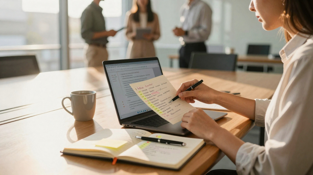 Pessoa a escrever em folha destacada, com computador portátil, caderno e caneca numa mesa de escritório, com três pessoas ao 