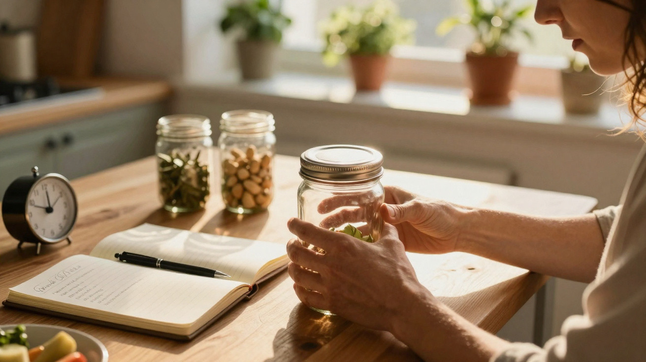 Pessoa a segurar frasco de vidro numa cozinha com alimentos em frascos e caderno aberto numa mesa de madeira.