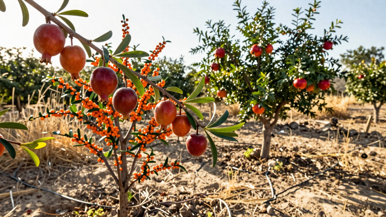 Pomar com árvores frutíferas produzindo romãs e bagas laranjas sob luz solar direta.