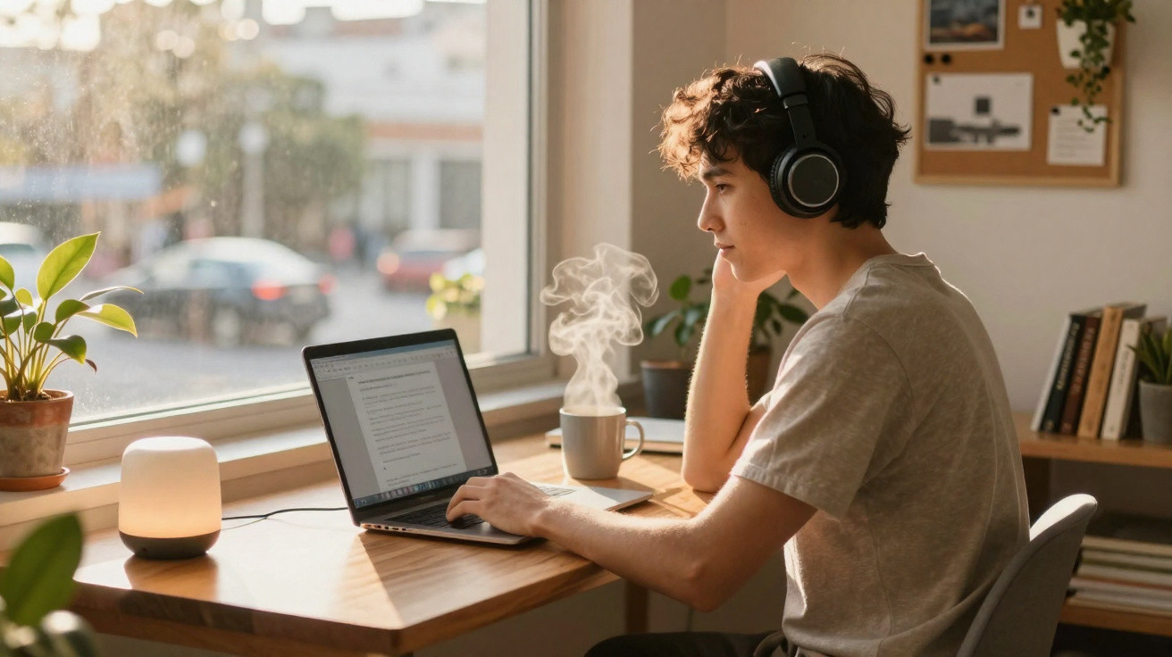Jovem com auscultadores a trabalhar num computador portátil num escritório iluminado junto a uma janela.