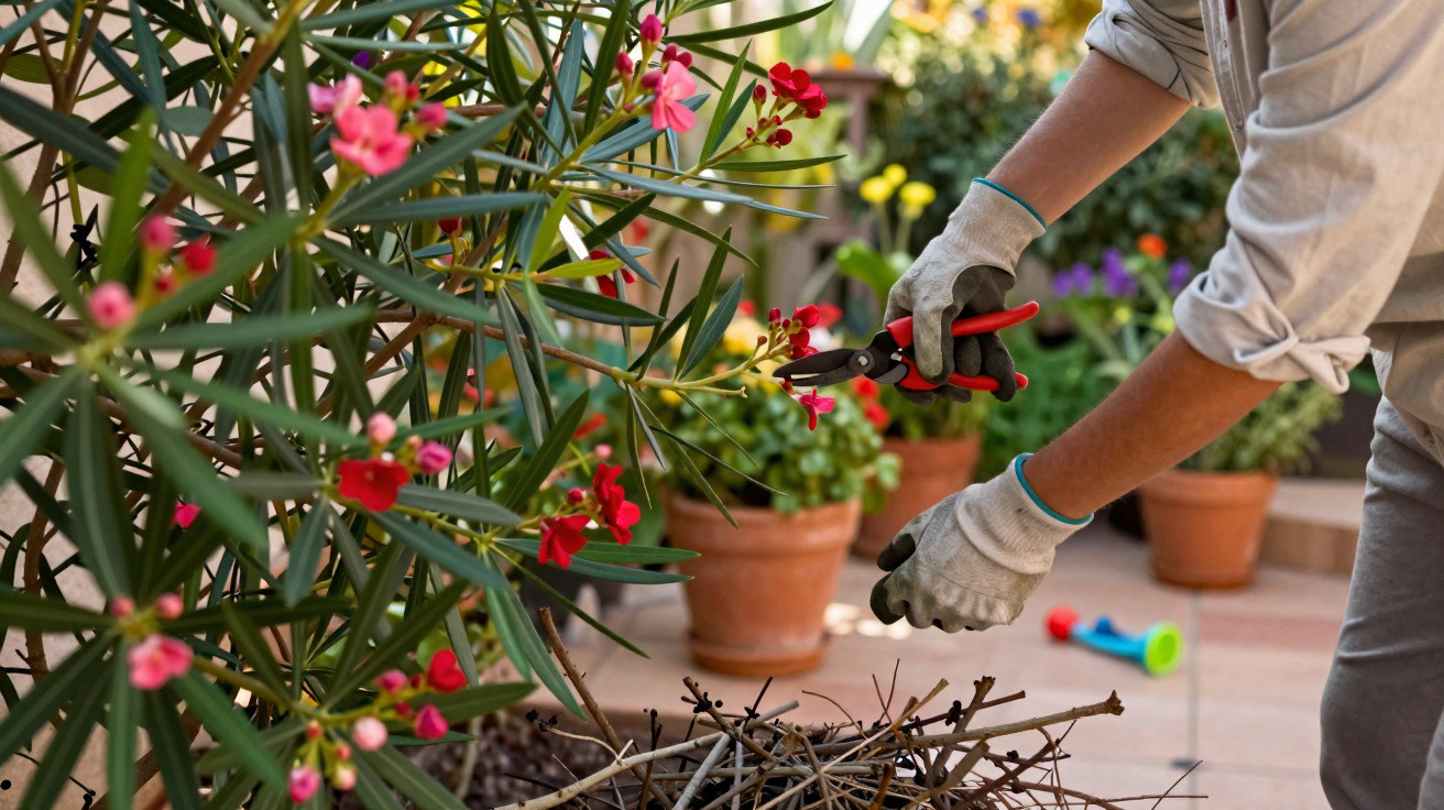 Pessoa a podar flores vermelhas numa planta com tesoura de poda, rodeada por vasos de flores num jardim.