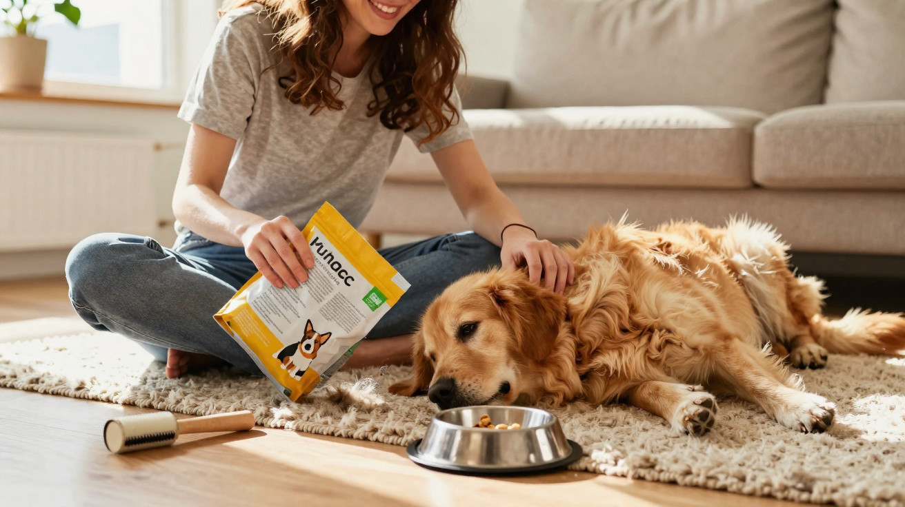 Mulher sentada no chão a dar comida e fazer carinho a um cão na sala de estar.