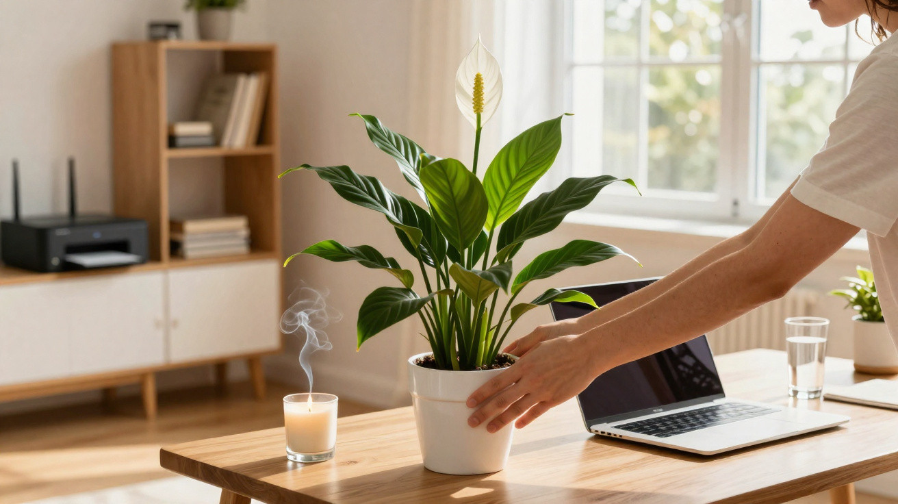 Pessoa a colocar planta em vaso branco numa mesa com portátil, vela acesa e copo de água junto à janela.