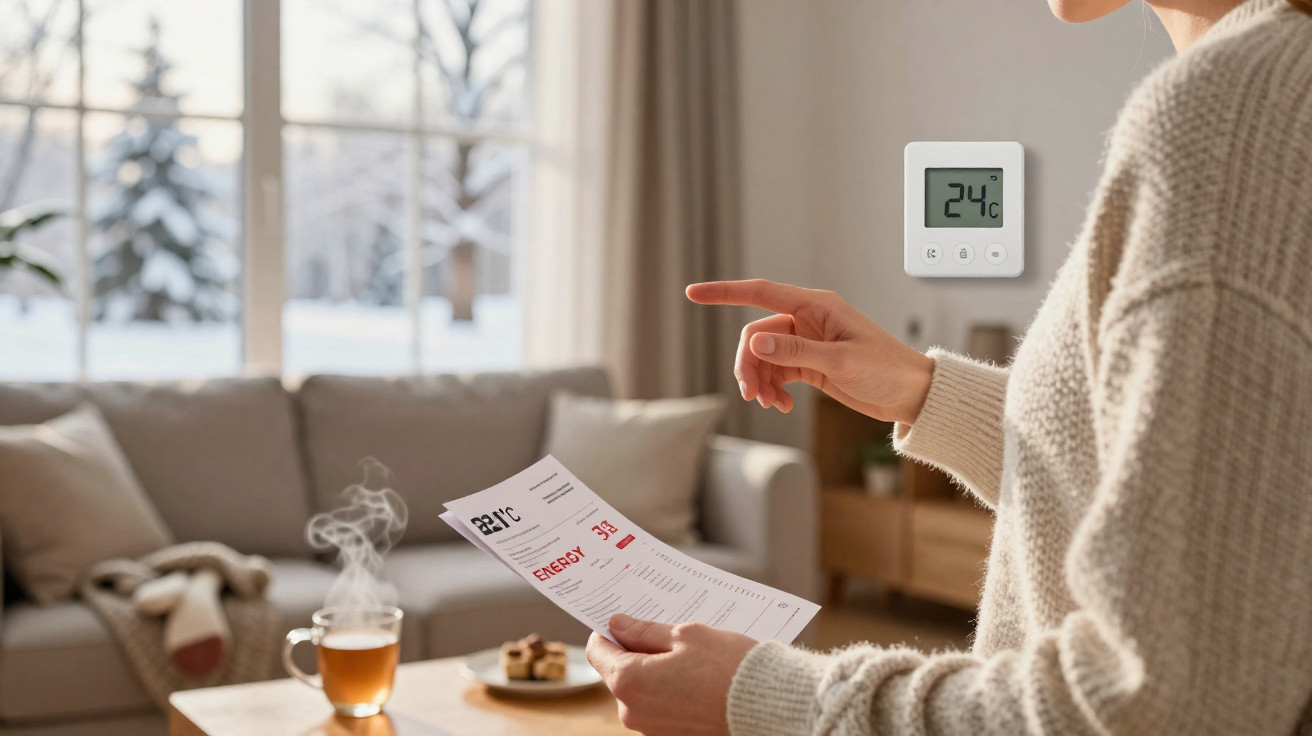 Pessoa ajusta termostato a 24°C numa sala com fatura de energia, chá quente e neve vista pela janela.