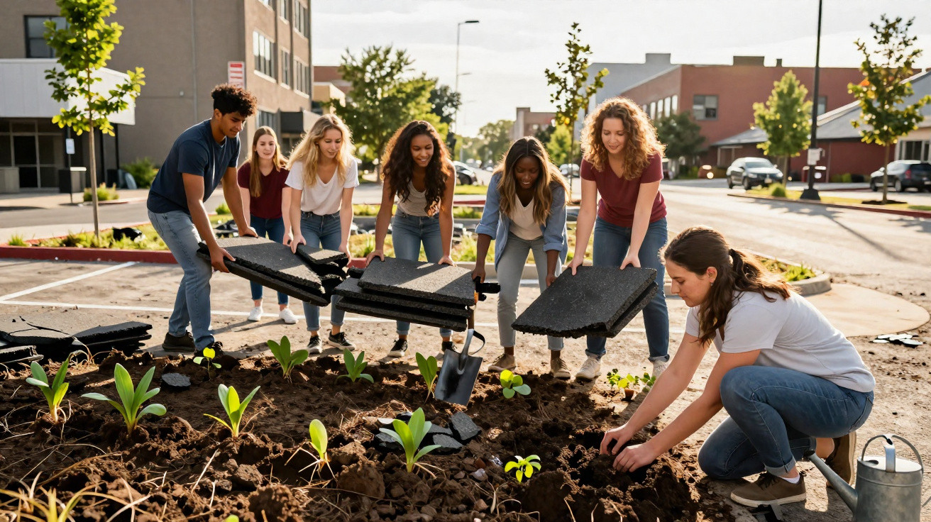 Jovens a colocarem painéis de solo em jardim urbano, enquanto uma mulher planta muda na terra.