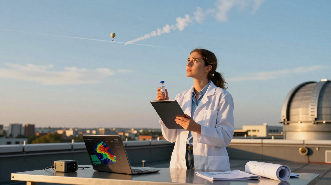 Mulher cientista observa balão meteorológico no ar, com laptop e documentos numa varanda ao entardecer.