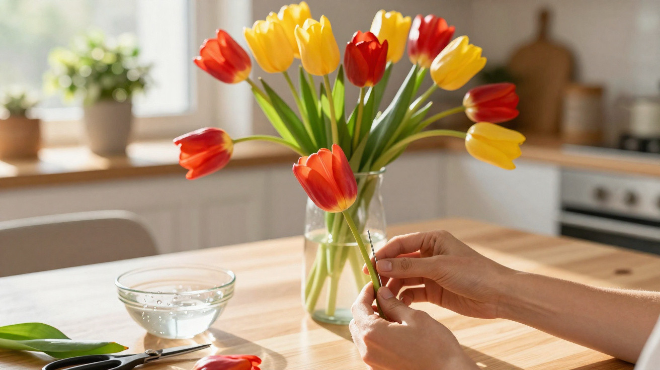 Mãos a arranjar tulipas vermelhas e amarelas num vaso transparente numa mesa de madeira na cozinha.