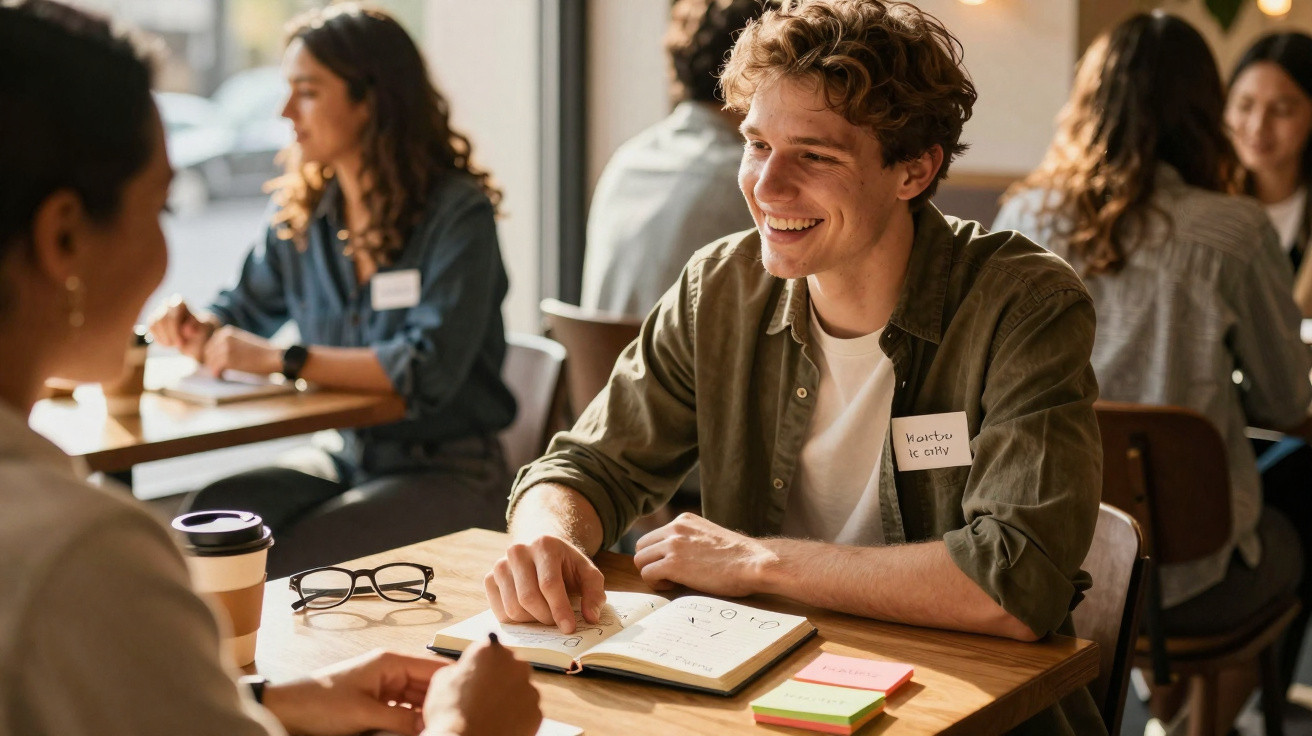 Jovem sorridente com caderno aberto conversa com outra pessoa numa reunião de trabalho informal.
