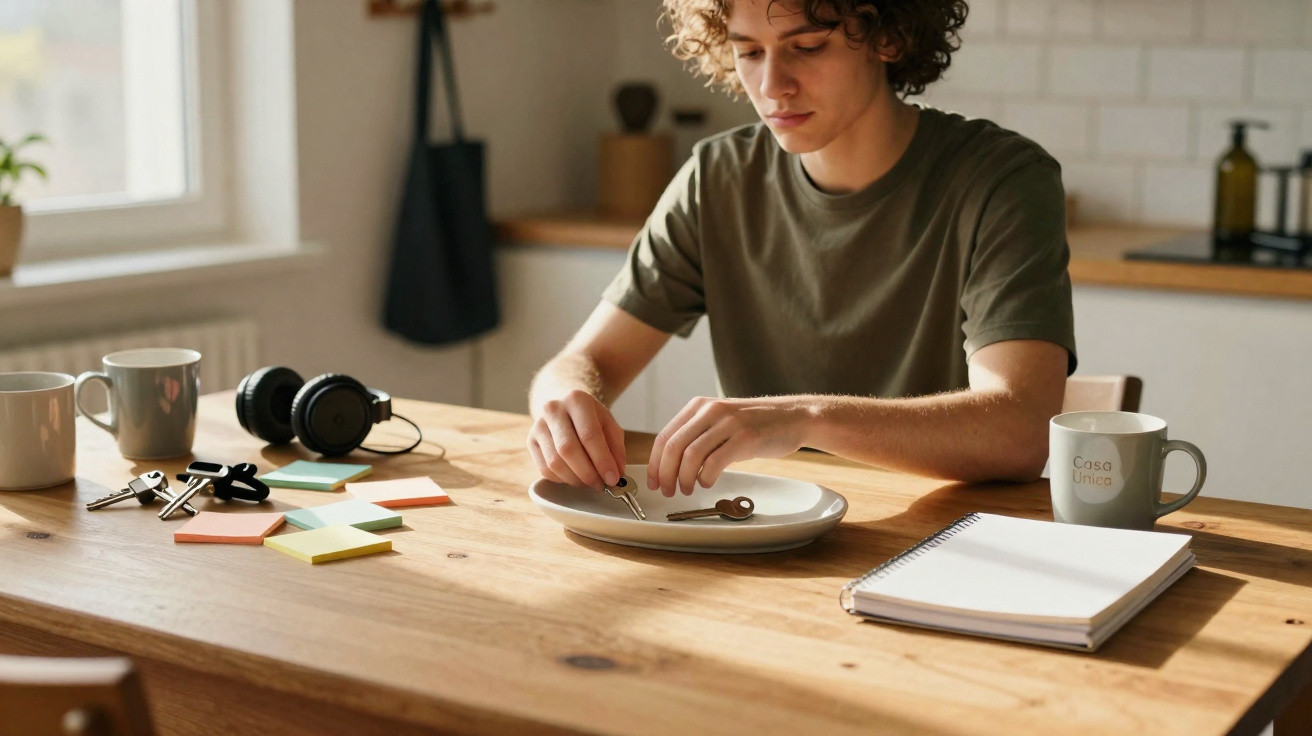 Jovem sentado à mesa a segurar uma chave, com notas, canecas e auscultadores à sua volta.