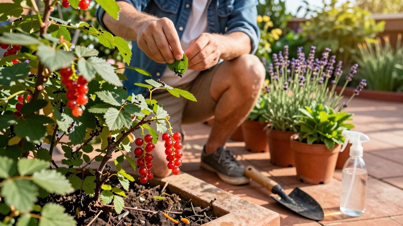 Pessoa a apanhar groselhas vermelhas num vaso de jardim com plantas e ferramentas ao redor.