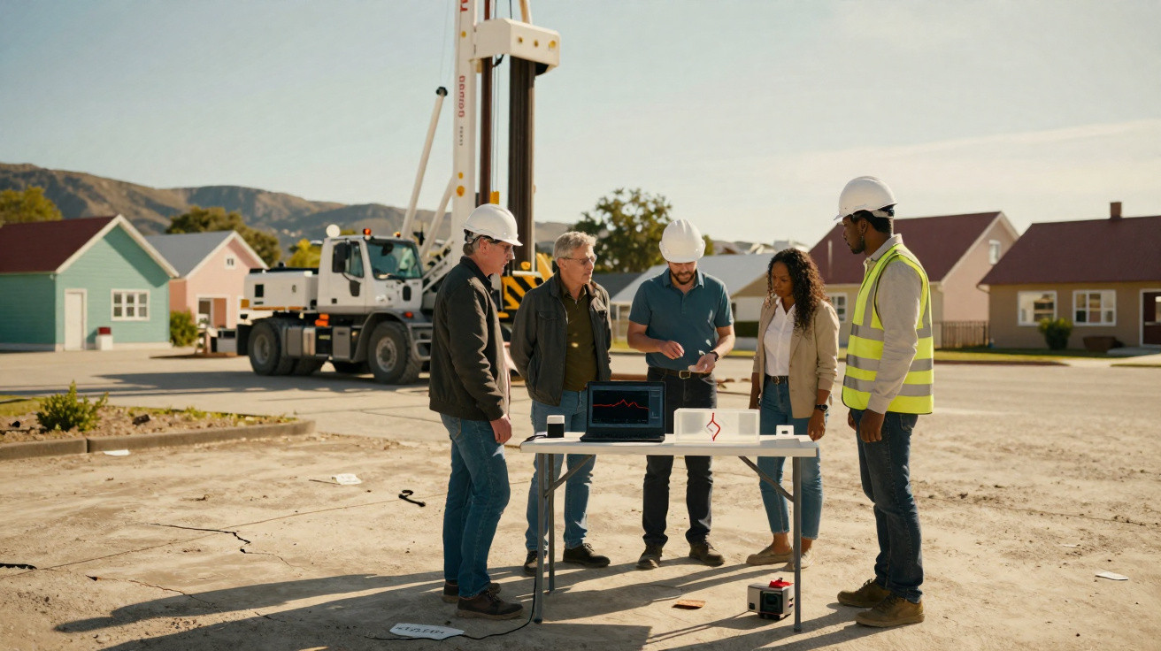 Equipa de engenheiros com capacetes e coletes a analisar dados numa obra ao ar livre com casas ao fundo.