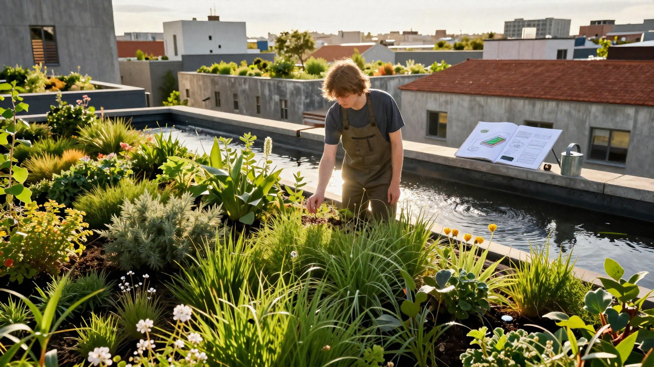 Pessoa a cuidar de plantas num jardim urbano num terraço ensolarado com edifícios ao fundo.