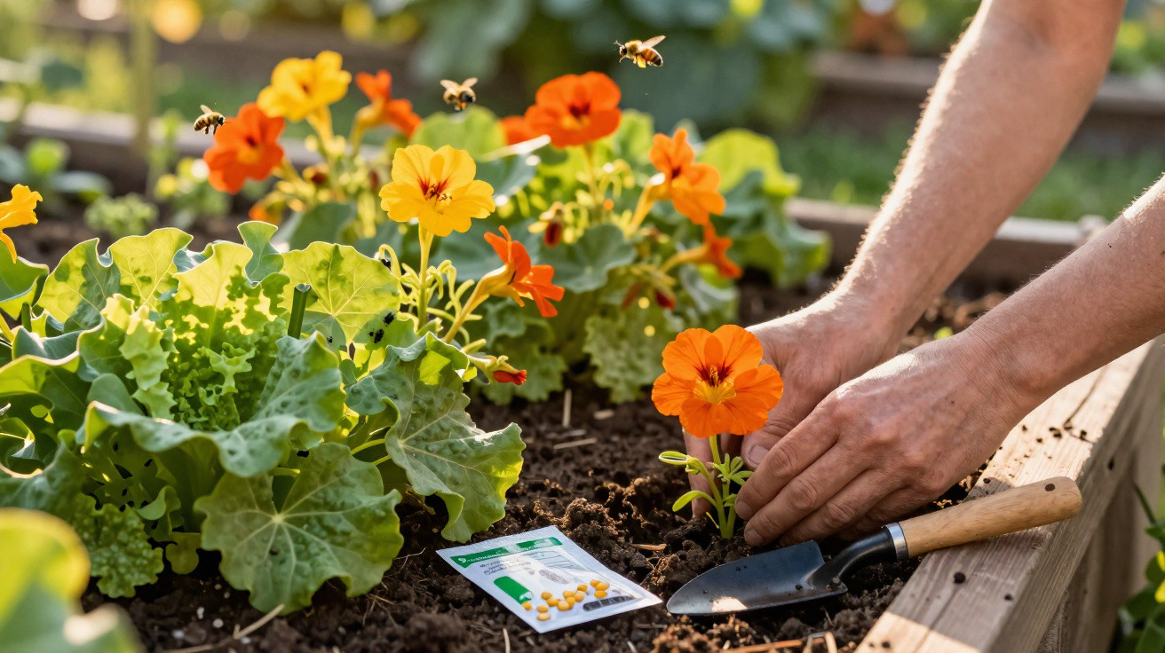 Pessoas a plantar flores amarelas e laranjas num canteiro com terra fértil e abelhas a voar.