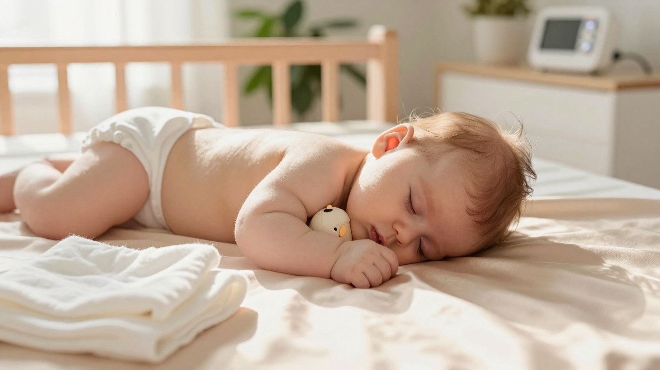 Bebé a dormir de lado numa cama clara, abraçando um ursinho pequeno, com toalhas brancas próximas.