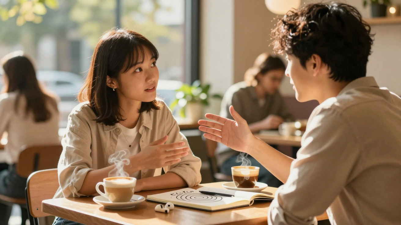 Duas pessoas a conversar numa esplanada, com chávenas de café e um caderno aberto sobre a mesa.