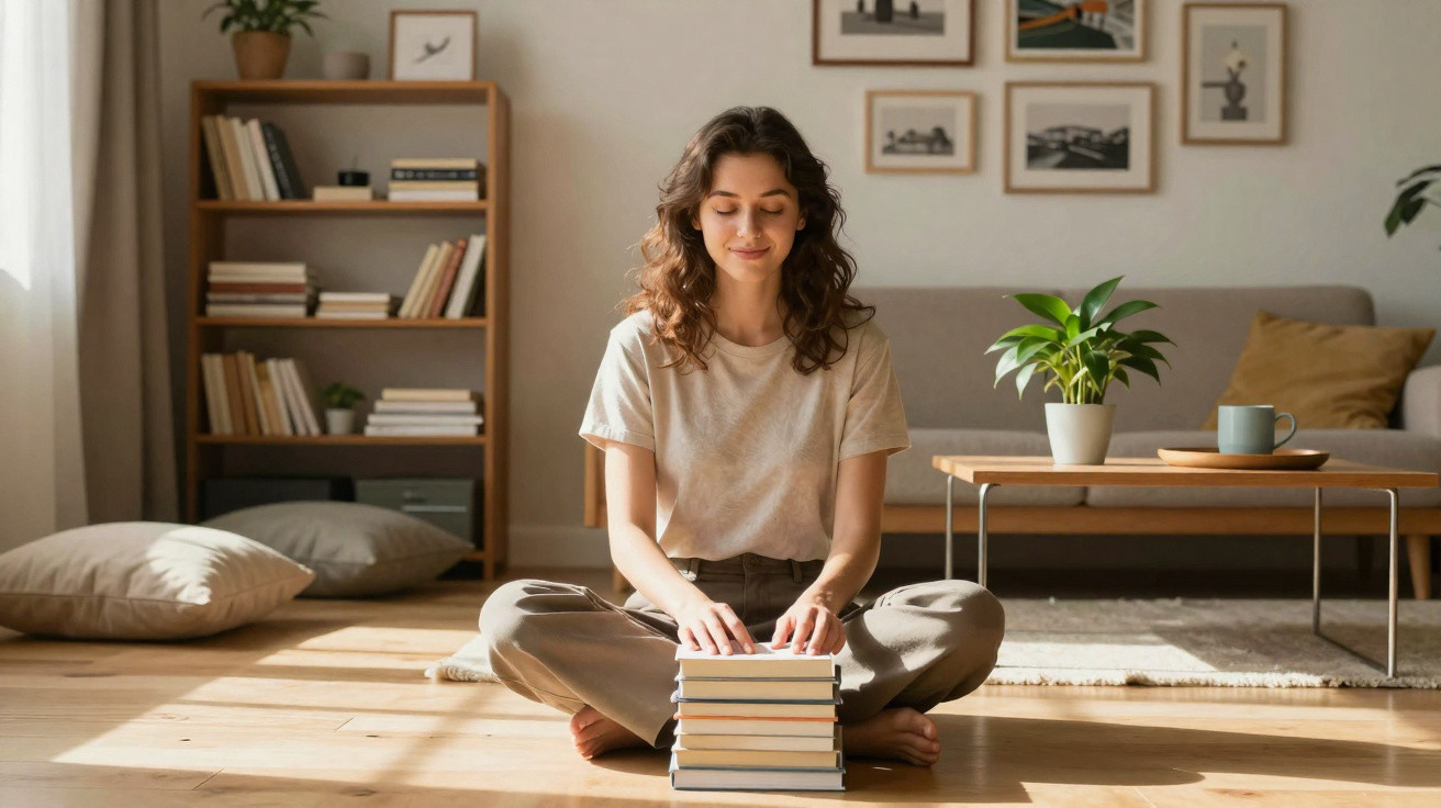 Mulher sentada no chão de casa, olhos fechados, mãos sobre pilha de livros, ambiente luminoso e acolhedor.