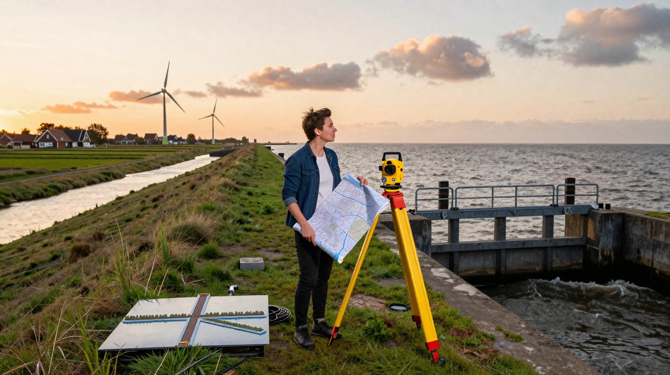 Topógrafa com mapa e equipamento de medição junto a um canal, perto do mar, ao pôr do sol.