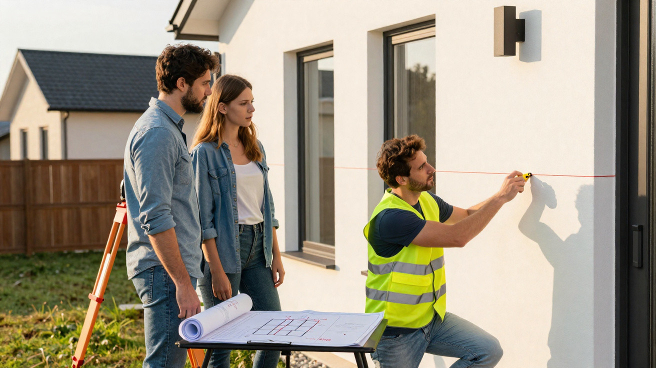Casal observa trabalhador com colete refletor a medir parede exterior de casa com fio laser.