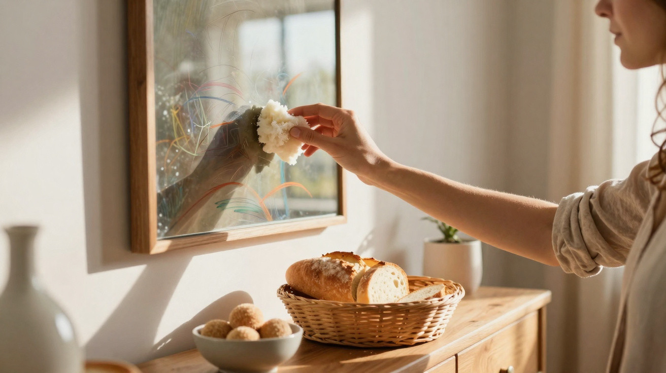 Pessoa a limpar um espelho com um pano branco numa mesa de madeira com pão e bolinhas numa taça.