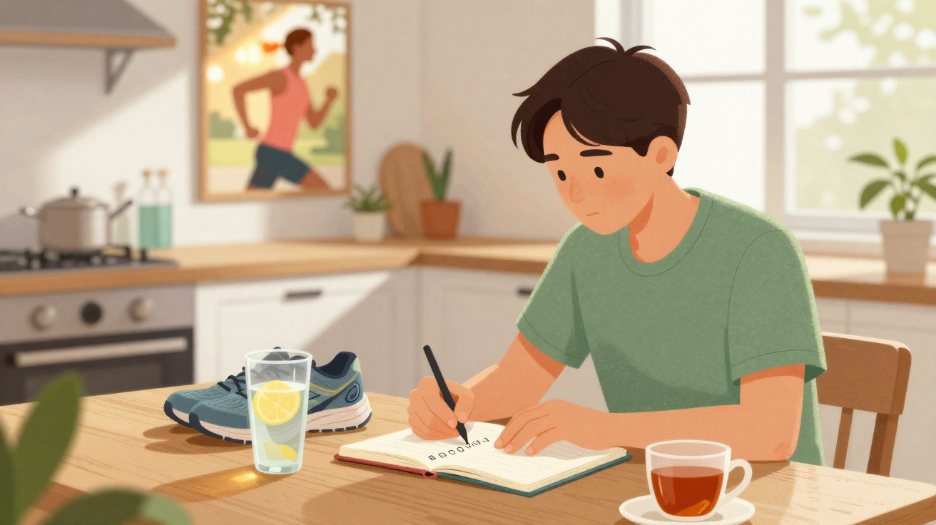 Homem sentado à mesa a escrever num caderno, com ténis, copo de água com limão e chá à sua frente.