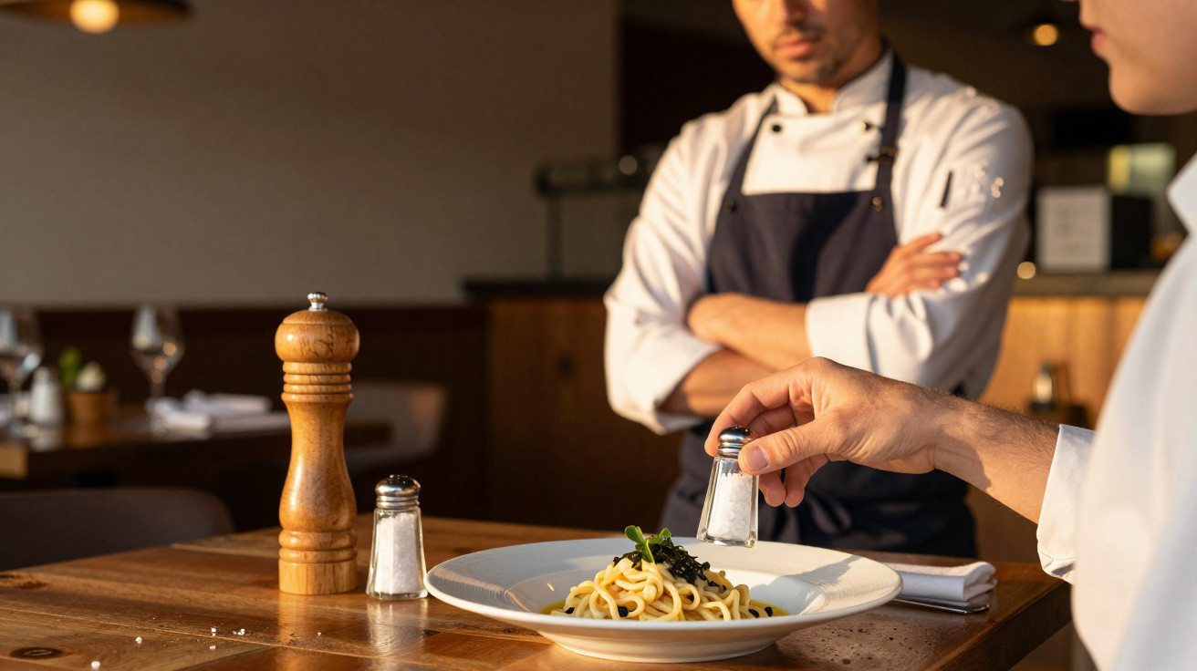 Pessoa a temperar prato de massa com sal numa mesa de restaurante, enquanto um chef observa ao fundo.