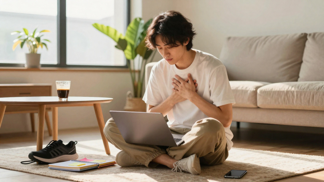 Pessoa jovem sentada no chão a usar computador portátil, segurando o peito com expressão de desconforto.