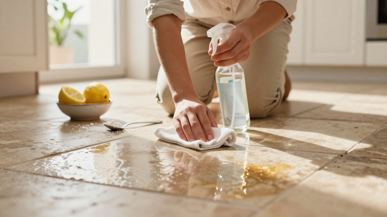 Pessoa a limpar chão de azulejos com pano e spray de limpeza, com limões e colher ao lado.