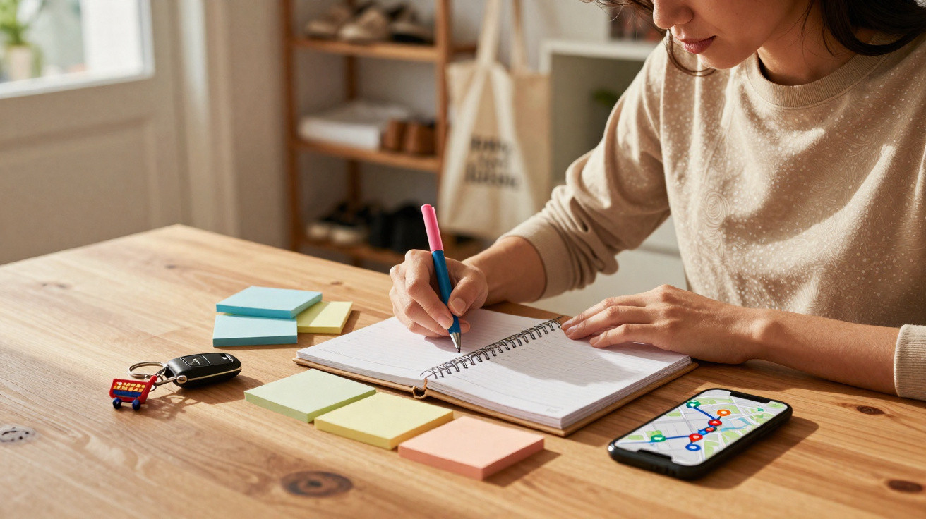 Pessoa a escrever num caderno, com vários post-its à frente, uma chave de carro e telemóvel com mapa aberto na mesa.