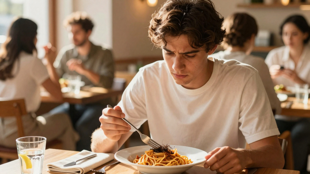 Jovem sentado num café, concentrado a olhar para um prato de esparguete com molho.