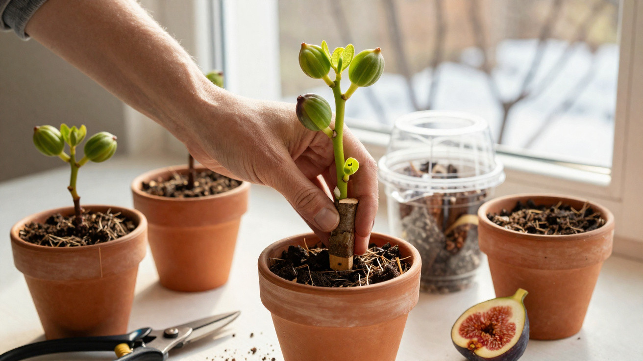 Mão a plantar rebento de planta em vaso de barro numa janela com outras plantas e figo cortado ao lado.