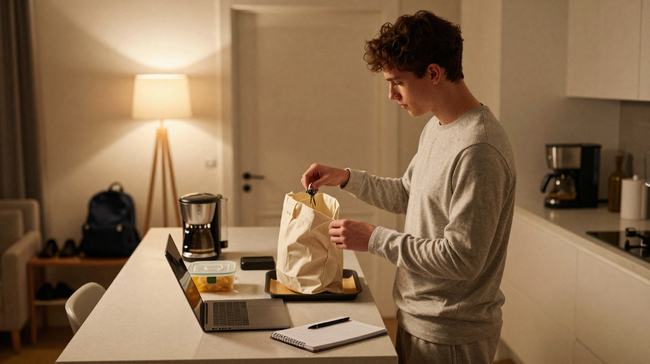 Jovem a tirar uma caixa de comida de um saco de papel na cozinha moderna à noite.
