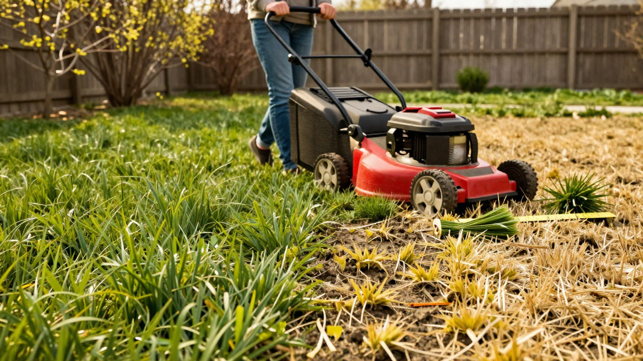 Pessoa a cortar relva alta num jardim com uma máquina de cortar relva vermelha.