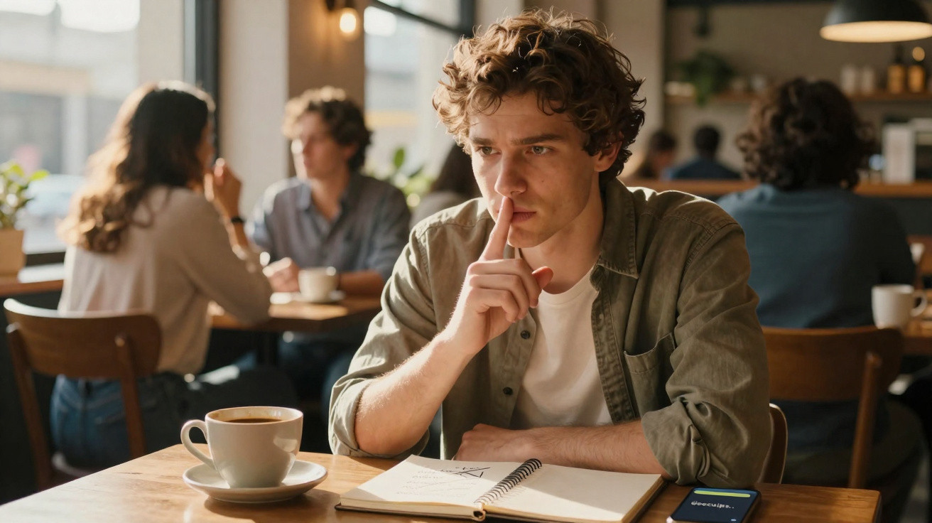Jovem pensativo numa cafeteria, sentado à mesa com caderno aberto, café e smartphone ao lado.