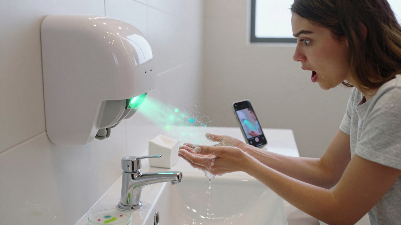 Mulher surpreendida a usar secador de mãos automático com luz verde, lava as mãos em casa de banho moderna.