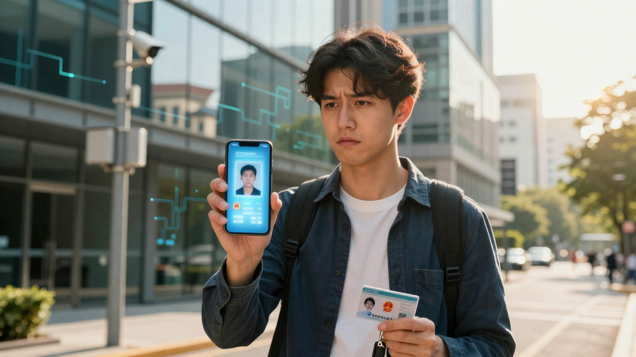 Homem mostra cartão de identificação e foto digital ao ar livre numa zona urbana durante o dia.