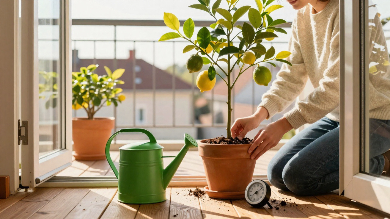 Pessoa a cuidar de uma planta de limão num vaso de barro numa varanda com regador verde ao lado.