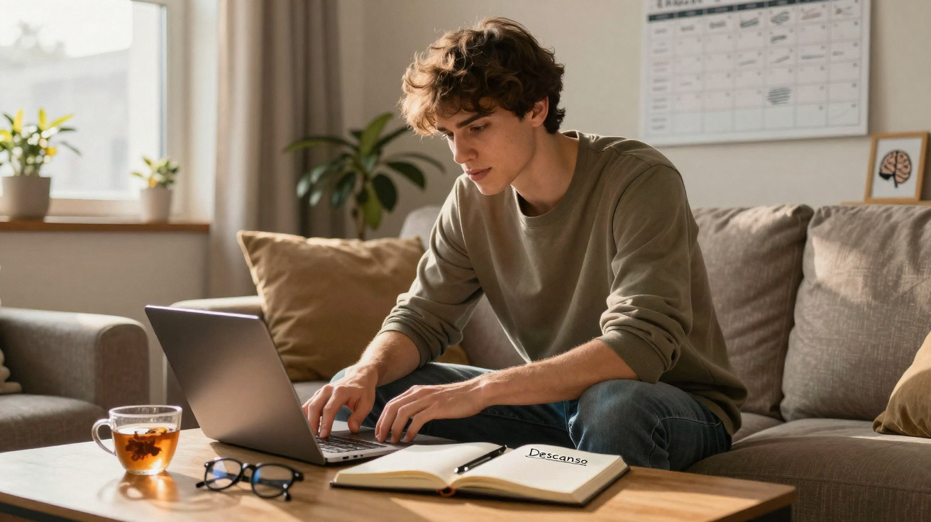 Jovem sentado no sofá a usar portátil com chá, óculos e caderno aberto com a palavra "Descanso" na mesa.