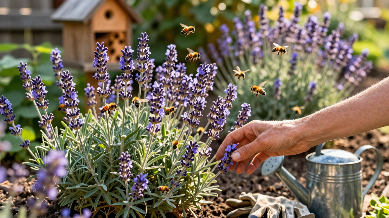 Mãos a colher flores de alfazema num jardim com várias abelhas a voar em redor das plantas.